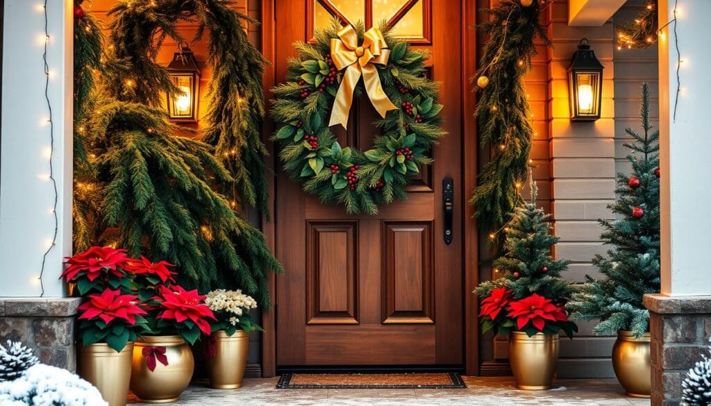 A cozy and inviting front door adorned with lush greenery, twinkling string lights, and a festive wreath. In the foreground, a large, elegantly-crafted wreath with a mix of pine branches, red berries, and a shimmering golden bow hangs on the solid wooden door. Flanking the entrance, potted poinsettias and small Christmas trees in glistening gold planters stand tall, casting a warm glow. The porch is illuminated by soft, ambient lighting, creating a welcoming atmosphere. In the background, a light dusting of snow covers the ground, adding a touch of winter wonder. The overall scene exudes the spirit of the holidays, inviting guests to step inside and experience the magic of the season.