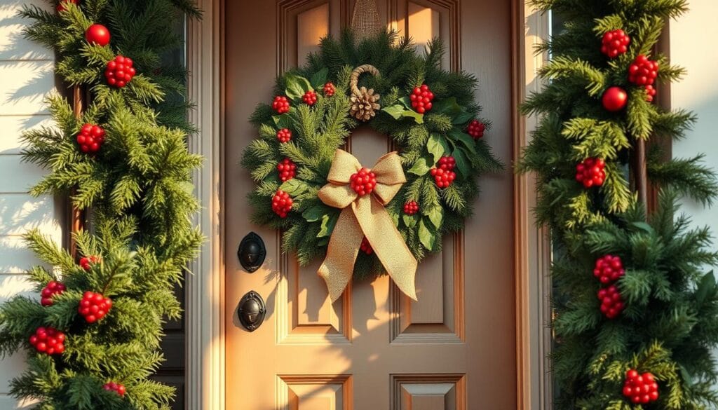 A cozy and inviting front door display featuring a traditional wreath adorned with lush evergreen foliage, festive red berries, and a rustic burlap bow. Swaying garlands of pine, holly, and pinecones gracefully frame the entryway, casting warm, gentle shadows under soft, natural lighting. The scene evokes the timeless charm of a classic Christmas, radiating a sense of holiday cheer and homely comfort. Photographed at a low angle to emphasize the welcoming appeal, with a crisp, clear focus that highlights the intricate textures and vibrant colors of the traditional decor.
