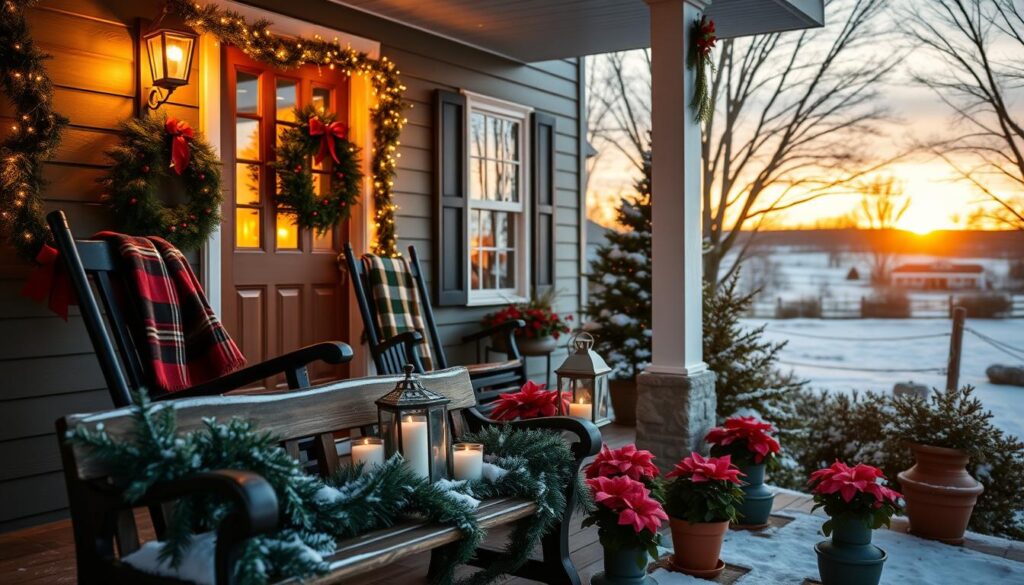A cozy and inviting front porch adorned with twinkling holiday lights, a lush wreath on the door, and a pair of rocking chairs draped in festive blankets. In the foreground, a wooden bench is decorated with garlands, candles, and a vintage lantern. The middle ground features potted poinsettias and a small Christmas tree, while the background showcases a snow-dusted landscape under a warm, golden sunset. The scene exudes a sense of seasonal charm and nostalgia, creating a welcoming atmosphere that invites visitors to step inside and experience the joy of the holidays.