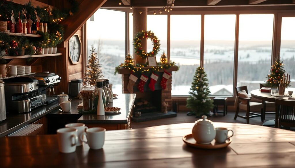 A cozy and inviting holiday coffee bar located in a warm, rustic setting. The foreground features a beautifully decorated coffee bar with festive greenery, twinkling lights, and a selection of holiday-themed mugs and serving ware. The middle ground showcases a charming fireplace with a mantel adorned with stockings and garlands, creating a sense of comfort and cheer. The background depicts a panoramic view of a snow-covered landscape through large windows, bathed in a soft, golden glow from the lighting. The overall atmosphere evokes a welcoming and festive ambiance, perfect for sipping a delightful holiday-inspired beverage.