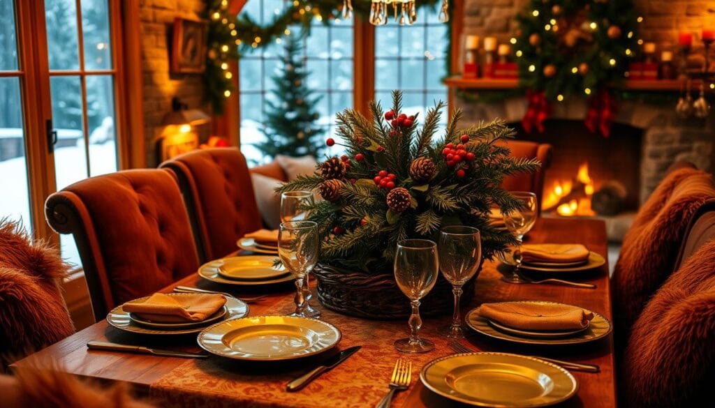 A cozy and inviting holiday dining scene. Warm, golden lighting casts a soft glow over a festively decorated table, set with antique plates, sparkling glassware, and an elegant centerpiece of fresh greenery, pine cones, and red berries. In the background, a fireplace crackles, and a large window offers a snowy winter landscape. The atmosphere is intimate and welcoming, with plush, textured fabrics in earthy tones complementing the rustic, wooden furniture. This is a scene of holiday cheer, where family and friends can gather and enjoy a memorable meal together.
