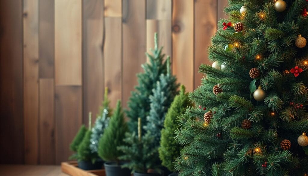 A cozy and inviting holiday evergreen selection, showcased in a warm, natural light setting. In the foreground, a lush and verdant Christmas tree stands tall, its branches adorned with a delicate array of pine cones, holly, and a subtle sprinkling of soft white lights. In the middle ground, an assortment of smaller evergreen plants, such as potted cypress and juniper, create a harmonious arrangement, inviting the viewer to imagine the perfect centerpiece for a festive home. The background features a rustic, wooden backdrop, adding depth and texture to the scene, while the warm, golden lighting casts a serene and inviting atmosphere, perfectly capturing the essence of traditional Christmas tree decor.