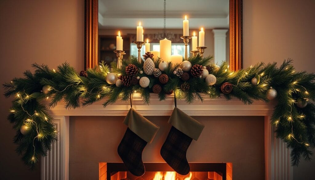 A cozy and inviting holiday mantel, adorned with a warm glow. In the foreground, a crackling fireplace casts a soft light, illuminating a cluster of lush, evergreen garlands adorned with twinkling string lights. Atop the mantel, an elegant centerpiece takes center stage - a collection of flickering candles, pinecones, and delicate ornaments. The middle ground features a pair of stockings, their rich, festive patterns complementing the overall holiday theme. In the background, a large, framed mirror reflects the scene, creating a sense of depth and grandeur. The overall atmosphere is one of comfort, nostalgia, and the joyful spirit of the season.