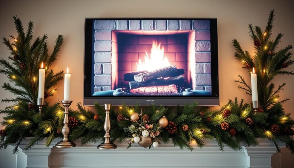 A cozy and inviting holiday mantel decor with a television set mounted above it. The mantel is adorned with a lush garland of evergreen boughs, pinecones, and twinkling lights, creating a warm and festive ambiance. In the foreground, a pair of elegant candlesticks flank a cluster of holiday ornaments and a small, delicate vase of winter flowers. The television screen displays a crackling fireplace, seamlessly blending the modern technology with the traditional decor. Soft, diffused lighting illuminates the scene, casting a gentle glow and emphasizing the textures of the natural elements. The overall atmosphere is one of holiday cheer and a harmonious integration of the TV into the fireplace mantel setting.