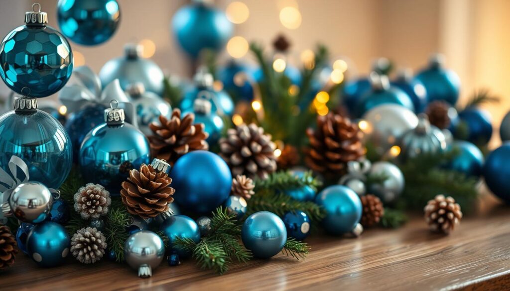 A cozy and inviting holiday ornament arrangement, featuring a variety of blue-hued decorations arranged artfully on a wooden surface. In the foreground, an assortment of glass baubles, metallic accents, and delicate ribbons create a visually captivating display. The middle ground showcases clusters of pinecones, sprigs of fresh greenery, and subtle string lights, adding depth and texture to the scene. In the background, a warm, soft-focus glow emanates, suggesting a gentle, intimate atmosphere. The lighting is natural, with a slight side-lighting effect that casts gentle shadows and highlights the intricate details of the ornaments. The overall composition is balanced and harmonious, creating a sense of festive elegance and holiday charm.