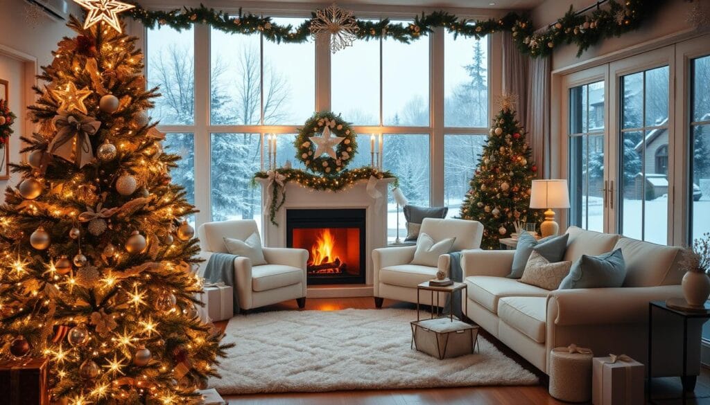 A cozy and inviting holiday room, bathed in soft, warm lighting. The foreground features a beautifully decorated Christmas tree, adorned with twinkling lights, shimmering ornaments, and a delicate topper. In the middle ground, plush white armchairs and a loveseat sit around a roaring fireplace, with a fluffy rug underfoot. The background showcases floor-to-ceiling windows, offering a serene winter landscape outside. Garlands, candles, and subtle holiday accents add to the festive ambiance, creating a tranquil and sophisticated white Christmas atmosphere.
