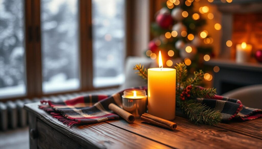 A cozy and inviting holiday scent setup, featuring a rustic wooden table adorned with a plaid cloth, a burning candle, a sprig of fresh evergreen, and a few cinnamon sticks. The warm, golden lighting casts a soft glow, creating a festive and comforting ambiance. In the background, a blurred, out-of-focus window offers a glimpse of a snowy winter landscape, further enhancing the seasonal atmosphere. The scene is captured with a shallow depth of field, drawing the viewer's attention to the carefully curated details of the holiday display.