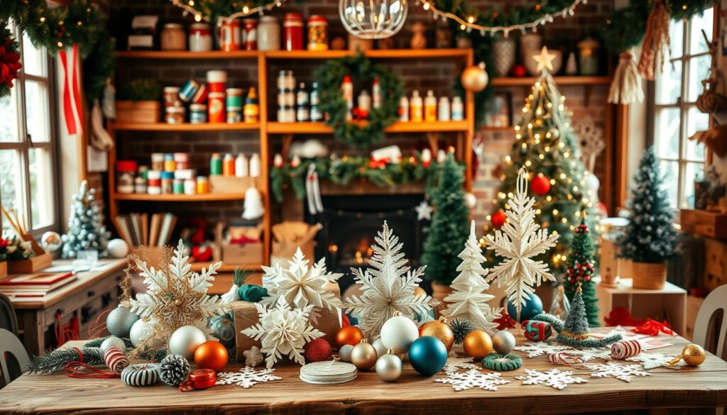 A cozy and inviting holiday workshop filled with a variety of DIY craft projects. In the foreground, an assortment of handmade decorations such as ornaments, garlands, and paper snowflakes sit on a rustic wooden table, bathed in warm, soft lighting. In the middle ground, shelves display an array of craft supplies - colorful ribbons, glitters, paints, and tools. The background features a festive backdrop, perhaps a brick fireplace or snow-dusted windowpane, creating a festive and magical atmosphere. The overall scene conveys a sense of joy, creativity, and the spirit of homemade holiday decor.