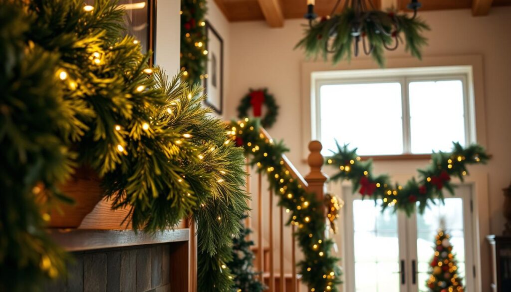 A cozy and inviting indoor scene featuring handmade Christmas garland displays. In the foreground, lush, natural-looking garlands are draped over a wooden mantel, their greenery and soft lighting creating a warm, festive ambiance. In the middle ground, additional garlands cascade down the staircase banister, their textures and colors complementing the rustic, farmhouse-inspired decor. The background showcases a large window, allowing natural light to filter in and illuminate the scene. The overall mood is one of comfort and holiday cheer, with a soft, intimate lighting that enhances the handcrafted details of the garland displays.