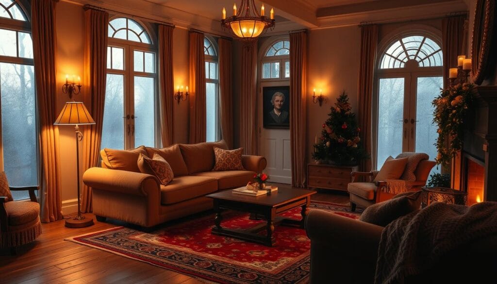 A cozy and inviting living room bathed in the warm glow of soft lighting. The room features a plush, overstuffed sofa and armchair centered around a coffee table, all set atop a richly patterned area rug. The space is illuminated by a large, ornate floor lamp casting a golden hue, as well as subtle sconces on the walls, creating a intimate and relaxing ambiance. Tall, frosted windows allow in natural light, casting a gentle, diffused radiance throughout the room. Decorative elements like plush throw pillows, a cozy knitted blanket, and a crackling fireplace complete the scene, evoking a sense of comfort and holiday cheer.