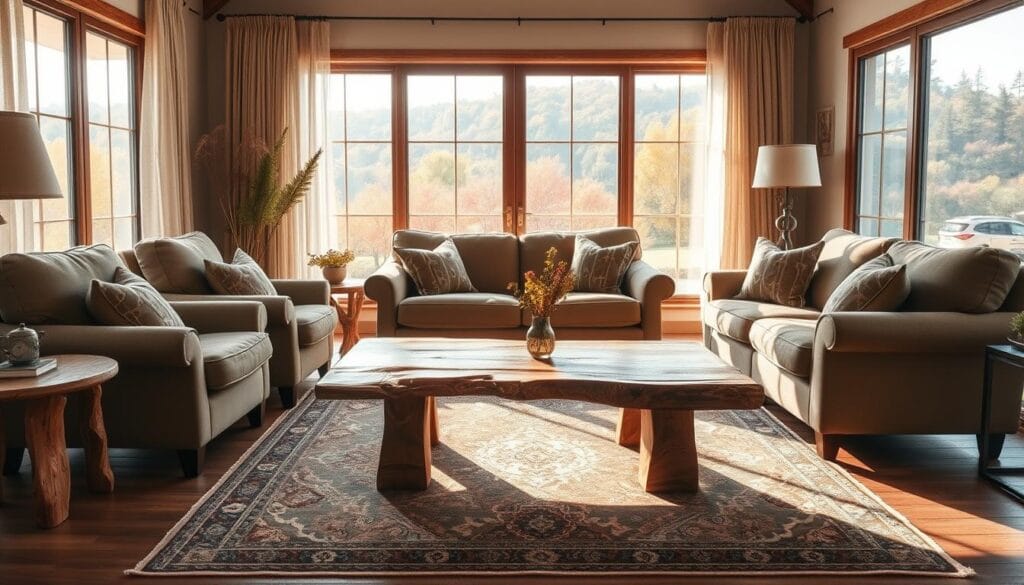 A cozy and inviting living room with a focal point of a handcrafted, sustainable wooden coffee table surrounded by plush, earthy-toned armchairs and a loveseat. Soft, natural lighting filters through sheer curtains, casting a warm glow on the room. In the background, a large window overlooks a lush, autumnal landscape, with a vintage-inspired area rug anchoring the space. The furniture showcases natural textures and organic shapes, embodying the autumn's embrace of timeless, eco-friendly design trends.
