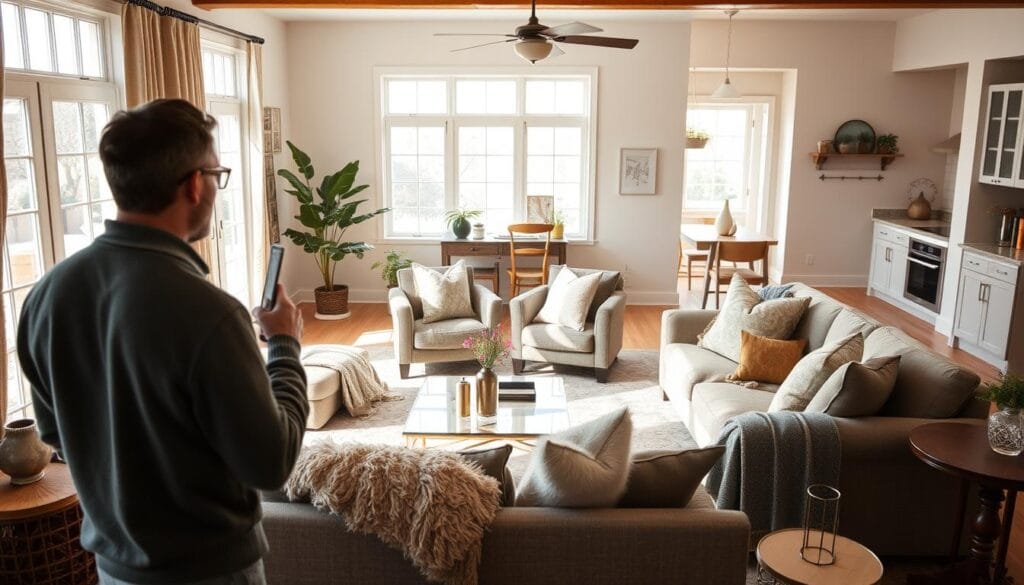 A cozy and inviting living room with natural lighting streaming through large windows, showcasing a thoughtfully staged home. In the foreground, a potential buyer examines the space, visualizing themselves in the serene and harmonious environment. The middle ground features tasteful furniture arrangements, plush textiles, and carefully curated decor that evoke a sense of warmth and comfort. The background offers a glimpse of a well-designed kitchen, hinting at the overall flow and functionality of the home. The scene conveys a sense of tranquility and possibilities, allowing the buyer to imagine themselves nestled within this beautifully staged abode.