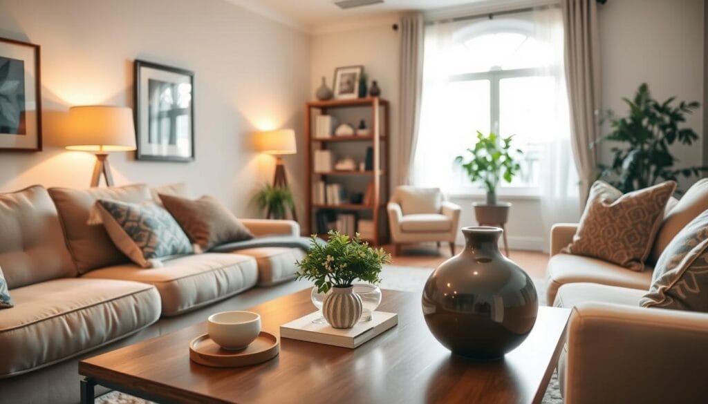 A cozy and inviting living room with plush furniture, warm lighting, and tasteful decor. In the foreground, a neatly arranged coffee table with decorative accents. In the middle ground, a well-positioned bookshelf and a potted plant adding a touch of greenery. The background features a large window letting in natural light, creating a bright and airy atmosphere. The overall scene conveys a sense of harmony, comfort, and attention to detail, showcasing effective room-by-room home staging strategies.