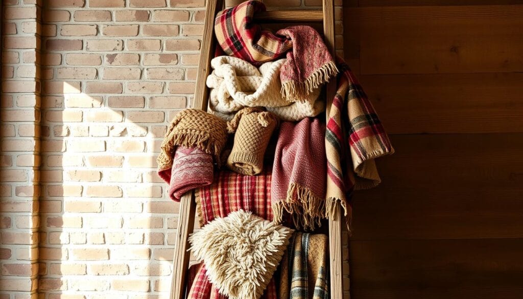 A cozy and inviting textile ladder display, showcasing an artful arrangement of soft, plush blankets, quilts, and textiles in a warm, natural setting. The ladder stands tall, its weathered wooden planks complementing the rich, earthy tones of the textiles draped across its rungs. Gentle side lighting casts a soft, flattering glow, highlighting the intricate patterns and textures of the fabrics. In the background, a rustic brick wall or wooden panel provides a neutral backdrop, allowing the vibrant colors and patterns of the textiles to take center stage. The overall scene exudes a sense of comfort, creativity, and holiday cheer, perfectly suited to inspire festive decor ideas.