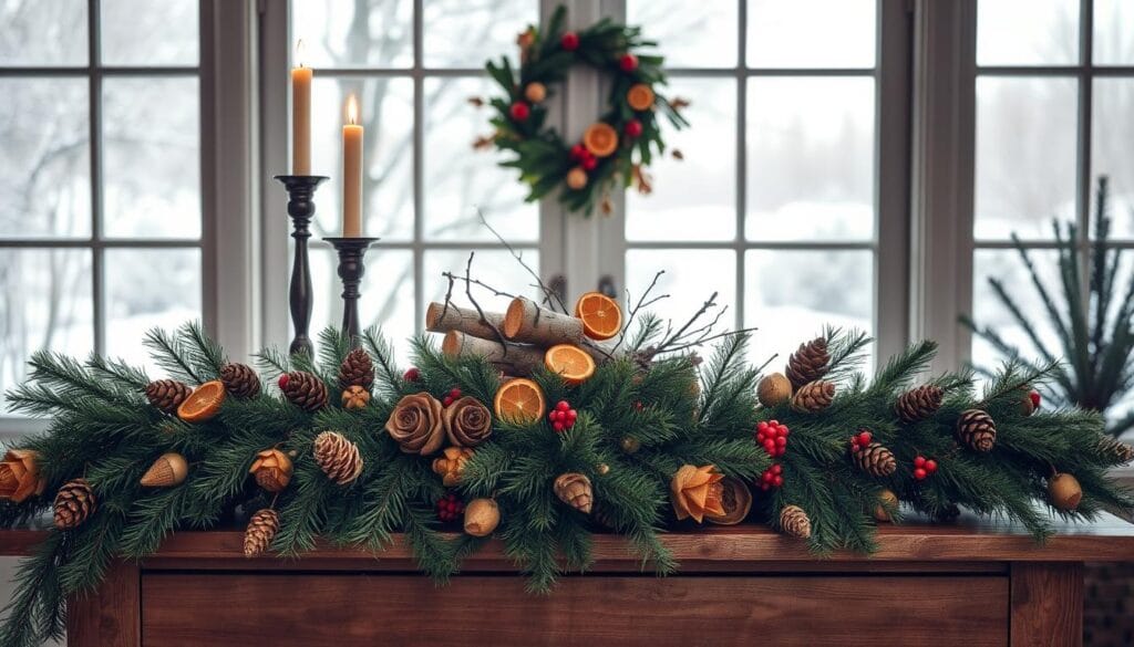 A cozy and inviting winter scene featuring a rustic entryway table adorned with natural holiday decor elements. In the foreground, a lush garland of evergreen boughs, pinecones, and dried berries cascades across the table's surface, casting a warm glow from the soft, ambient lighting. Behind it, a pair of elegant candlesticks flank a centerpiece of birch logs, twigs, and a wreath of dried citrus slices. In the background, a large window frames a serene winter landscape, with gently falling snow adding to the tranquil, nature-inspired atmosphere. The overall composition evokes a sense of hygge, blending natural textures and earthy tones to create a welcoming and inviting holiday display.