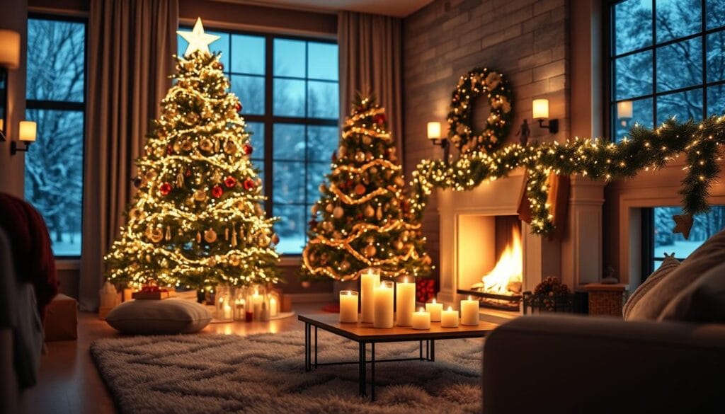 A cozy and magical Christmas living room with a stunning holiday lighting design. The focal point is a large, beautifully decorated Christmas tree adorned with twinkling fairy lights, sparkling ornaments, and a glowing star topper. In the foreground, a plush rug and a coffee table with a minimalist candle display create a warm and inviting atmosphere. Ambient lighting from wall sconces and string lights draped across the fireplace mantel cast a soft, golden glow throughout the space. In the background, a large window frames a snowy outdoor scene, adding to the winter wonderland feel. The overall mood is one of comfort, joy, and holiday cheer.