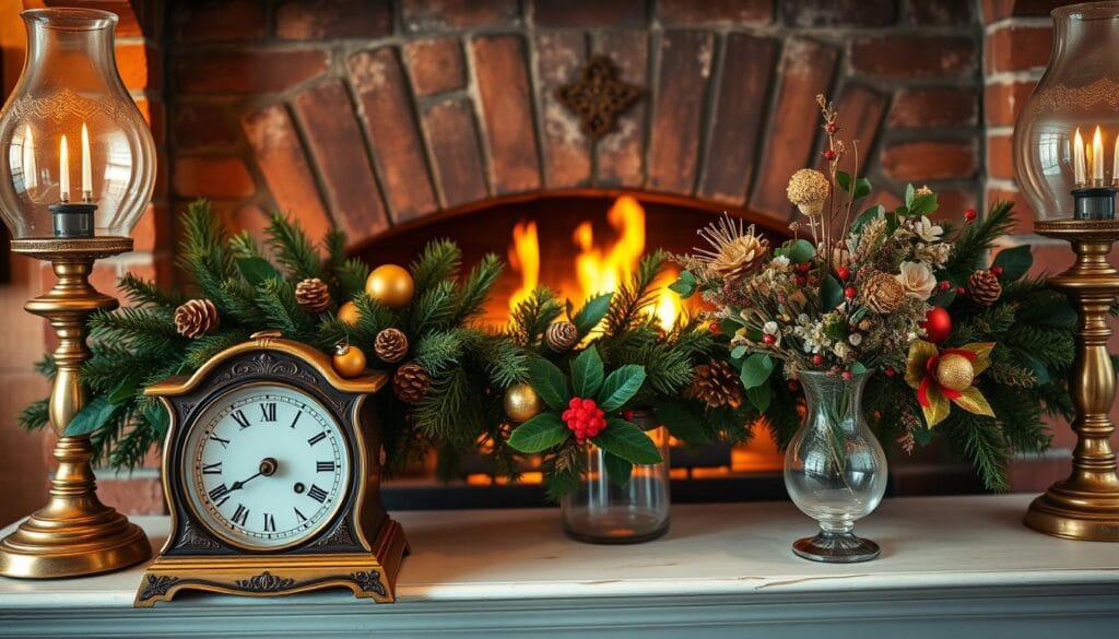 A cozy and nostalgic vintage holiday mantel display, bathed in warm, soft lighting. In the foreground, an ornate, aged brass mantel clock stands tall, its ticking hands keeping time. Flanking it are two timeless glass hurricane lamps, their flickering flames casting a gentle glow. Across the mantel, a garland of evergreen boughs and pinecones intertwines, accented by delicate gold and red ornaments. In the middle ground, a pair of vintage glass vases hold lush, festive bouquets of holly, berries, and dried flowers. The background features a grand, brick fireplace with a crackling fire, casting a rustic, inviting ambiance. The overall scene evokes a sense of cherished traditions and timeless holiday charm.