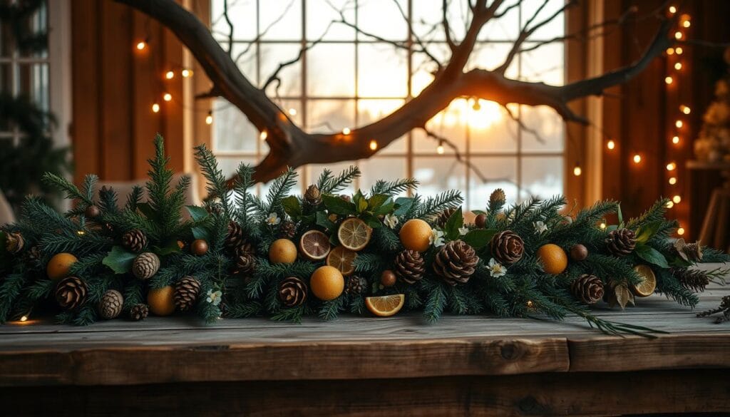 A cozy and rustic natural Christmas scene, bathed in warm, golden lighting. In the foreground, a lush garland of evergreens, pine cones, and dried citrus slices cascades across a weathered wooden table. Sprigs of holly and delicate white flowers add pops of color. The middle ground features a large, gnarled branch adorned with twinkling string lights, casting a soft, ambient glow. In the background, a large window frames a snowy, outdoor landscape, with bare tree branches silhouetted against the setting sun. The overall mood is one of simple, natural elegance - a tranquil and inviting space, perfect for a cozy holiday gathering.
