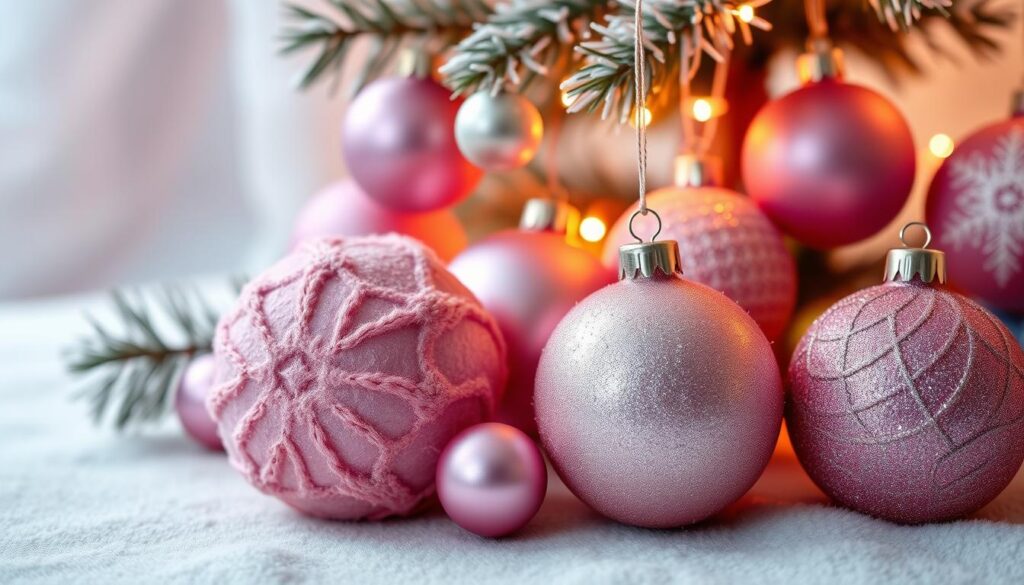 A cozy arrangement of plush pink Christmas ornaments, delicately crafted with shimmering textures and intricate details. The ornaments are artfully displayed against a soft, hazy background, creating a serene and inviting atmosphere. Warm, diffused lighting casts a gentle glow, emphasizing the ornaments' beautiful colors and shapes. The overall scene evokes a sense of festive charm and whimsical elegance, perfect for a cozy holiday home.