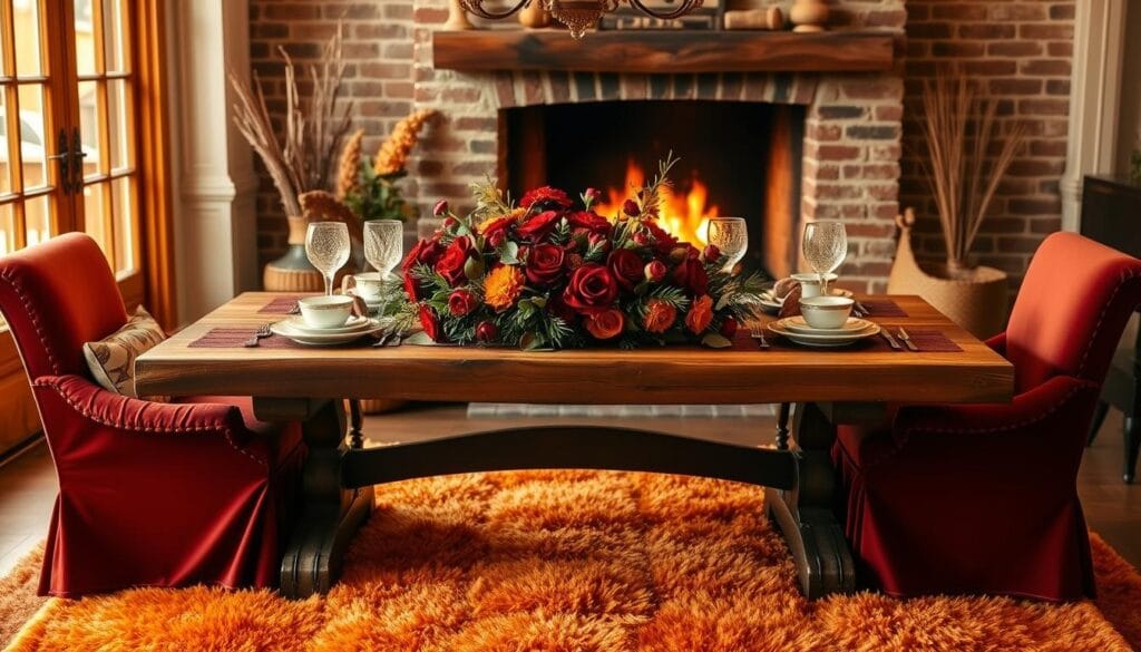 A cozy autumn dining table setting, bathed in warm golden light from a large window. In the foreground, a rustic wooden table is adorned with a lush floral centerpiece, featuring deep red roses, orange chrysanthemums, and sprigs of greenery. Plush velvet-upholstered chairs surround the table, their rich burgundy hues complementing the earthy tones. Delicate china plates, antique silverware, and hand-blown glass goblets complete the elegant yet inviting tableau. In the middle ground, a plush area rug in autumnal shades of orange and brown anchors the scene. The background features a brick fireplace with a crackling fire, casting a flickering glow. The overall atmosphere is one of comfort, sophistication, and the cozy charm of the fall season.