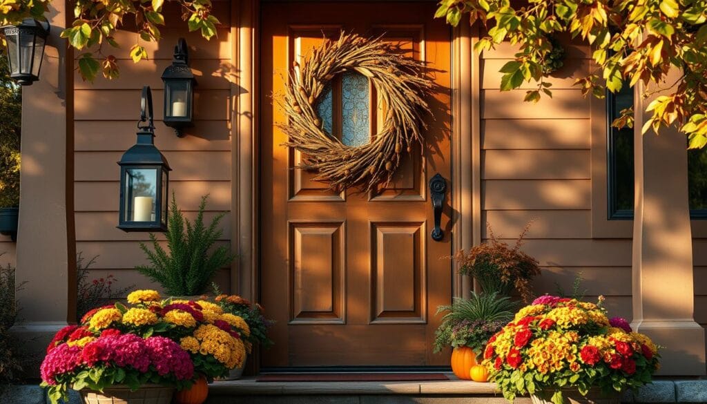 A cozy autumn front door adorned with a rustic wreath of dried leaves, berries, and twigs. Warm light spills from the doorway, casting a welcoming glow on the porch. A pair of antique lanterns flanking the entrance sway gently in the crisp breeze. Vibrant seasonal planters brimming with chrysanthemums, pumpkins, and other harvest-hued foliage line the steps. The door itself is a rich, weathered wood with ornate iron hardware. Dappled sunlight filters through the surrounding trees, creating a charming, inviting atmosphere evocative of autumn's fleeting magic.