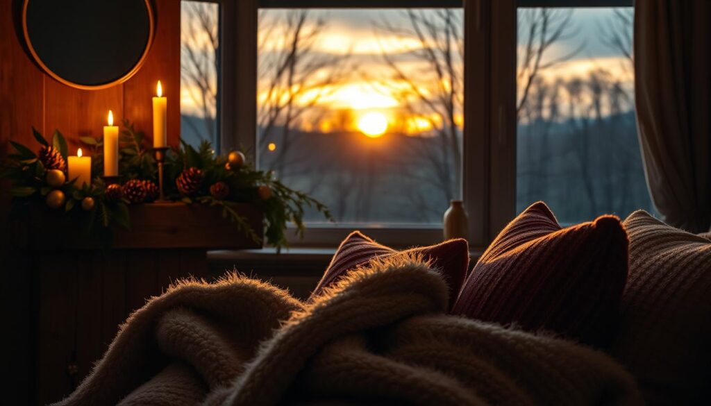 A cozy autumn scene, warm candlelight flickering on a rustic wooden mantel adorned with lush foliage, pinecones, and subtle metallic accents. In the foreground, a plush throw blanket and pillows invite you to sink into the soft, inviting embrace of the living room. Through a window in the middle ground, the golden glow of sunset paints the landscape in a gentle, autumnal hue. The background is filled with the silhouettes of bare trees against a dusky, moody sky, creating a serene, comforting atmosphere that evokes the essence of fall.