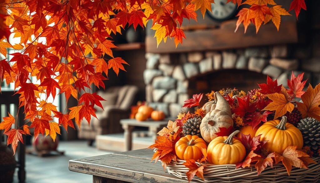 A cozy autumn scene, with vibrant hues of red, orange, and golden leaves cascading against a backdrop of rustic textures. In the foreground, a woven basket overflows with an array of seasonal foliage - crisp maple leaves, earthy pine cones, and velvety pumpkins. Warm, diffused lighting filters through the canopy, casting a soft, inviting glow and creating a sense of depth and atmosphere. The middle ground features a weathered wooden table, its surface adorned with an artful arrangement of autumn blooms and gourds. In the distance, a glimpse of a stone fireplace, its crackling flames hinting at the cozy, comforting ambiance within. This harmonious composition captures the essence of autumn, inviting the viewer to experience the enchanting beauty and tactile pleasures of the season.