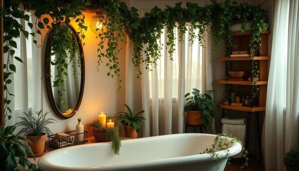 A cozy bathroom adorned with lush, verdant greenery accents. Cascading vines drape over the vanity mirror, their tendrils framing the reflection. Potted ferns and trailing ivy plants dot the room, bringing a sense of natural tranquility. Soft, ambient lighting filters through sheer curtains, casting a warm, earthy glow. Smooth river rocks line the edge of the clawfoot tub, complementing the wooden shelves housing fragrant candles and handcrafted soaps. The overall atmosphere evokes a serene, spa-like oasis, where the boundaries between indoors and outdoors are delightfully blurred.