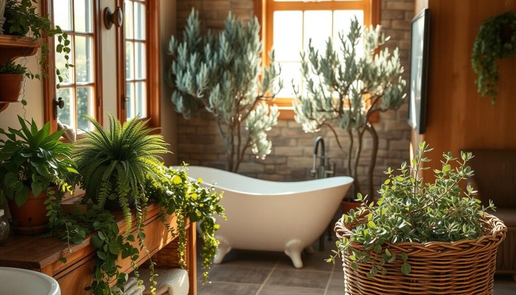 A cozy bathroom scene, bathed in warm, natural lighting filtering through large windows. In the foreground, an assortment of lush, verdant plants - potted ferns, trailing ivy, and vibrant succulents - adorning the vanity and shelves. A woven basket overflows with fresh eucalyptus sprigs, their silvery-green hues complementing the earthy tones of the wood and stone accents. In the middle ground, a freestanding bathtub sits nestled between potted olive trees, their gnarled trunks and silvery leaves casting soft shadows. The background features a stone tile wall, its texture adding depth and character to the serene, nature-inspired atmosphere.