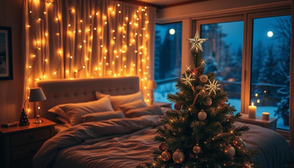 A cozy bedroom bathed in a warm, inviting holiday glow. Soft, twinkling string lights draped over a plush, velvet-upholstered bed frame, their gentle illumination casting a magical ambiance throughout the space. In the foreground, a beautifully decorated Christmas tree, its branches adorned with sparkling ornaments and topped with a glimmering star. The middle ground features a pair of matching nightstands, each with a flickering candle casting a gentle, dancing light. The background showcases a snow-covered landscape outside the window, moonlight filtering in and adding to the serene, peaceful atmosphere. The overall mood is one of tranquility, comfort, and holiday cheer.