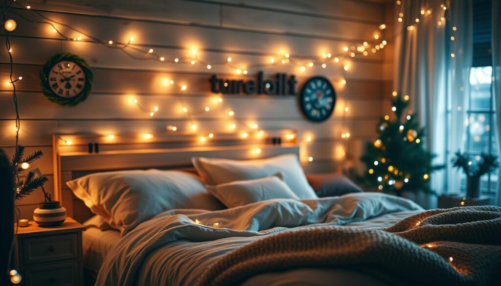 A cozy bedroom filled with the soft, twinkling glow of fairy lights, casting a warm, intimate ambiance. The lights are strung across the headboard, draped along the edges of a plush, inviting bed, and scattered throughout the space, creating a magical, atmospheric scene. The lighting is diffused, creating a gentle, ethereal illumination that highlights the textures and colors of the bedroom's decor - plush fabrics, wooden accents, and lush greenery. The overall mood is one of tranquility, comfort, and holiday cheer, perfect for transforming a bedroom into a serene, enchanting oasis.
