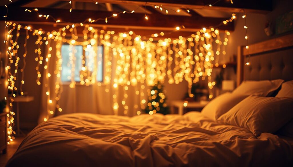 A cozy bedroom scene bathed in the warm, twinkling glow of fairy lights. Delicate strands of tiny, sparkling lights cascade from the ceiling, casting a soft, ambient illumination across the space. In the foreground, the lights decorate a plush, inviting bed, their reflections dancing on the crisp, white linens. In the middle ground, the lights create a magical, hazy atmosphere, highlighting the texture of exposed wooden beams and creating a sense of coziness and intimacy. In the background, the fairy lights fade into the shadows, creating depth and a sense of mystery. The overall mood is one of tranquility, comfort, and holiday cheer.