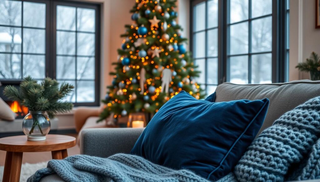 A cozy blue-themed Christmas tree stands in a warm, inviting living room. The tree is adorned with elegant blue ornaments, twinkling blue fairy lights, and delicate silver accents that catch the soft glow of a nearby fireplace. In the foreground, plush navy blue velvet pillows and a chunky knit throw blanket create a comfortable, hygge-inspired seating area. The middle ground features a wooden side table with a candle-lit vase of fresh pine sprigs, while the background showcases large windows framing a snowy winter landscape outside. The overall mood is one of serene, sophisticated holiday cheer.