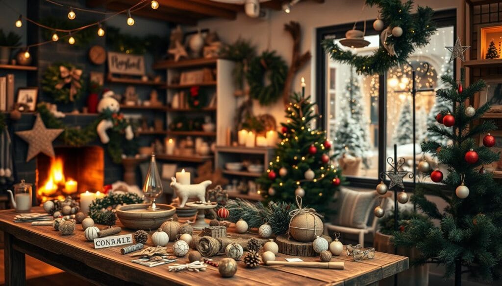 A cozy boutique setting with a mix of handmade, rustic, and whimsical holiday decorations. In the foreground, a wooden DIY craft table displays an assortment of ornaments, garlands, and seasonal trinkets. Warm lighting from string lights and a crackling fireplace casts a soft glow, creating a inviting ambiance. The middle ground features festive decor accents like pine wreaths, candles, and a small Christmas tree adorned with homemade ornaments. In the background, a charming storefront window showcases a winter wonderland scene with snowy accents and twinkling fairy lights. The overall scene evokes a sense of holiday cheer, creativity, and a budget-friendly DIY aesthetic.