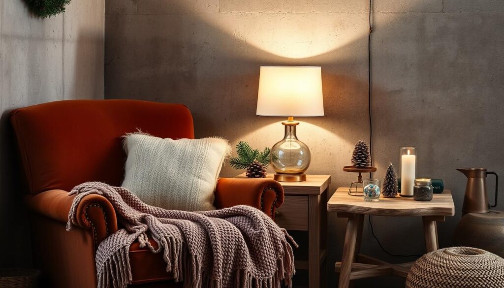 A cozy corner filled with a warm, inviting blend of textures - a plush velvet armchair, a soft woven throw, and a gently distressed wooden side table. Soft, diffused lighting from a table lamp creates a sense of depth and atmosphere, while a mix of metal and glass accents add a touch of industrial chic. In the background, a textured concrete wall provides an unexpected counterpoint, creating visual interest and a sense of balance. The overall scene exudes a hygge-inspired holiday vibe, perfect for a cozy Christmas decor display.