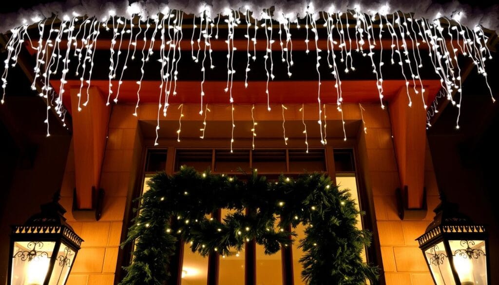A cozy entryway illuminated by a dazzling array of holiday lights. In the foreground, a pair of ornate lanterns flanking the front door, their warm glow casting a festive ambiance. The middle ground features a lush garland draped along the doorframe, its delicate lights twinkling like stars. In the background, a cluster of icicle lights cascades down the roof's edge, creating a mesmerizing, winter wonderland effect. The overall scene radiates a sense of welcoming cheer, inviting visitors to step inside and embrace the spirit of the season.
