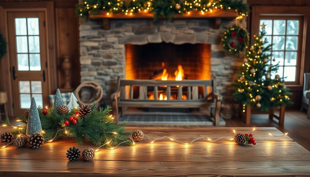 A cozy farmhouse Christmas scene, bathed in warm, inviting light. In the foreground, a rustic wooden table adorned with a festive garland, twinkling string lights, and an assortment of natural decorations - pinecones, berries, and a simple wreath. Behind it, a large stone fireplace with a crackling fire, its mantel dressed in evergreen boughs and twinkling fairy lights. In the middle ground, a weathered wooden bench sits beneath a large window, framing a snowy winter landscape outside. The overall atmosphere is one of simple, nostalgic charm, capturing the essence of a tranquil, countryside Christmas.