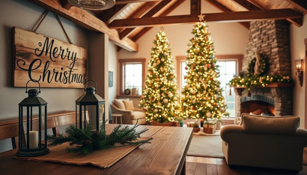 A cozy farmhouse interior bathed in soft, warm lighting. In the foreground, a rustic wooden table adorned with a burlap table runner, a vintage lantern, and a sprig of fresh greenery. On the wall, a large wooden sign with the words "Merry Christmas" hand-painted in a charming script. Across the room, a towering Christmas tree stands tall, its branches laden with a mix of vintage-inspired ornaments and twinkling fairy lights. The background features exposed wooden beams, a stone fireplace mantel, and a pair of overstuffed armchairs, creating an inviting and festive atmosphere.