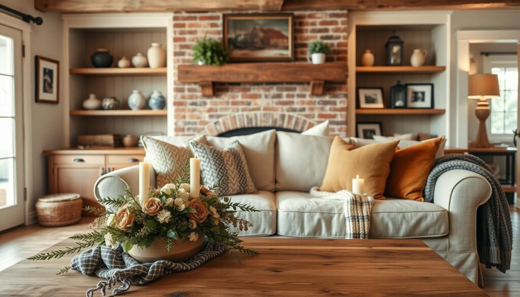 A cozy farmhouse interior with warm lighting and a rustic aesthetic. In the foreground, a wooden coffee table adorned with a plaid throw, candles, and a vintage floral arrangement. In the middle ground, a comfortable linen-upholstered sofa, complemented by a chunky knit blanket and throw pillows in earthy tones. The background features a brick fireplace with a reclaimed wood mantel, flanked by built-in bookshelves displaying antique vases, framed artwork, and decorative lanterns. The overall ambiance is inviting and tranquil, evoking a sense of comfort and timeless charm.