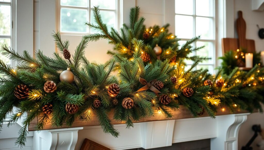 A cozy farmhouse mantel adorned with a lush, verdant Christmas tree, its branches laden with rustic ornaments and twinkling fairy lights. The mantel is adorned with natural garlands, pinecones, and weathered wooden accents, casting a warm, inviting glow. Soft, natural lighting filters in through nearby windows, bathing the scene in a gentle, golden hue. The overall atmosphere evokes a sense of timeless, country-inspired charm, perfect for a serene and charming holiday display.