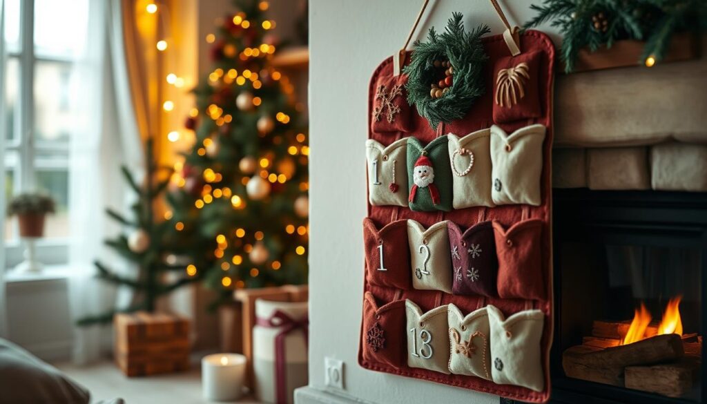 A cozy felt advent calendar in a warm, festive living room. Soft, textured felt in muted holiday colors like burgundy, forest green, and cream, adorned with delicate embroidered details. The calendar hangs on the wall, its pockets inviting little hands to open the numbered flaps, revealing hidden surprises. Soft lighting from a nearby fireplace and twinkling string lights create a serene, intimate atmosphere, evoking the magic and anticipation of the Christmas season. The scene is captured from a slight angle, highlighting the textural elements and the calendar's placement within the comforting domestic setting.