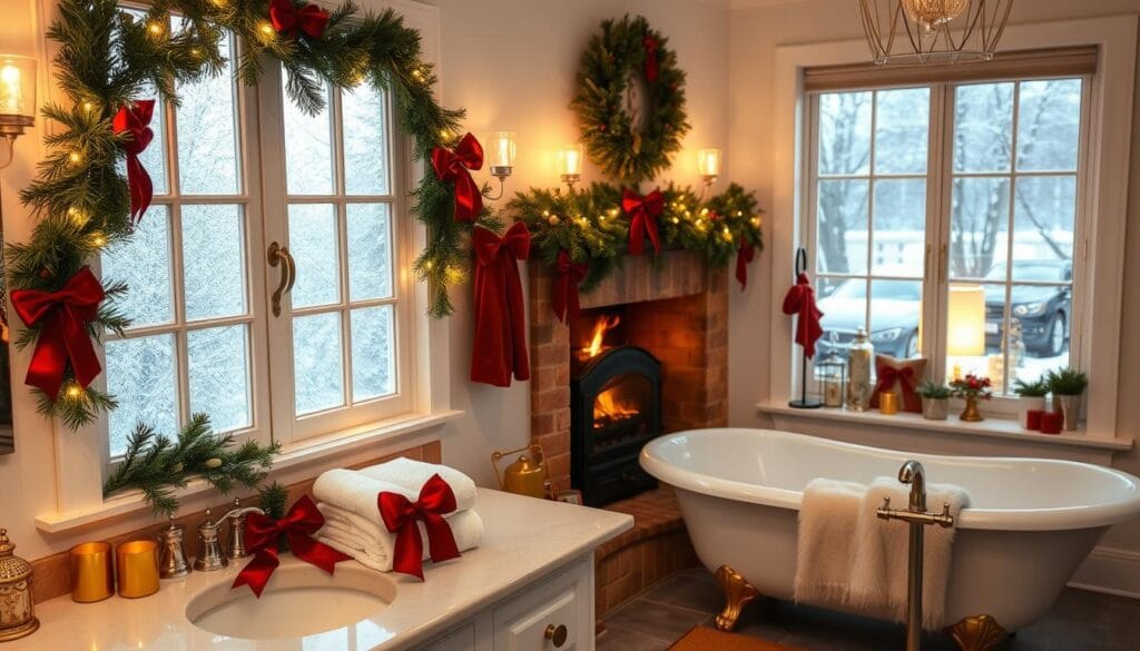 A cozy, festive bathroom transformation - the vanity decked with evergreen garlands, red velvet bows, and twinkling string lights. Frost-patterned window panes and a crackling fireplace in the corner, casting a warm, inviting glow. Plush, snowy-white towels folded neatly, complemented by golden holiday trinkets and a clawfoot tub adorned with a luxurious fur throw. The overall scene exudes a sense of holiday cheer and comfort, inviting one to linger and revel in the season's spirit.