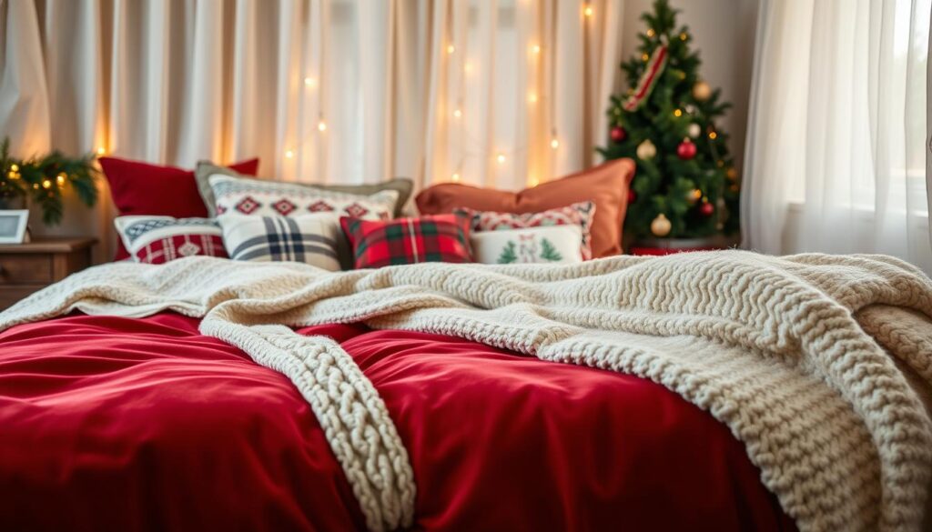 A cozy, festive bedding scene with lush, layered textures. In the foreground, a plush velvet comforter in a deep crimson hue, accented with a cable-knit throw in ivory. Scattered across the bed, an array of decorative pillows in various holiday patterns - tartan, Nordic, and embroidered motifs. The middle ground features a soft, fleece blanket in a holly-berry red, draped elegantly over the foot of the bed. In the background, sheer, gauzy curtains in a snowy white gently billow, filtering warm, golden lighting that casts a festive glow throughout the space. The overall mood is one of comfort, coziness, and holiday cheer.