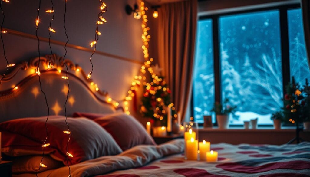 A cozy, festive bedroom scene with an inviting ambiance. In the foreground, a string of warm, twinkling fairy lights cascades over a plush, ornate headboard. In the middle ground, a cluster of decorative candles glow softly, casting a gentle, flickering light. In the background, a large window reveals a winter wonderland outside, with snow-covered trees and a starry night sky. The overall mood is intimate, serene, and utterly enchanting, perfect for setting the tone of "Lighting and Ambience: Let There Be Light".