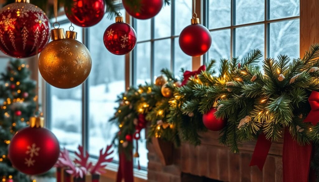 A cozy, festive holiday color palette fills the frame, captured in a warm, inviting composition. In the foreground, an array of ornaments in rich ruby red, sparkling gold, and deep forest green float weightlessly, their reflections casting a captivating glow. The middle ground features a lush, verdant garland draped across a rustic wooden mantel, punctuated by twinkling fairy lights that cast a soft, ambient radiance. In the background, a snow-covered landscape can be glimpsed through a large window, its muted blues and grays providing a serene contrast to the vibrant holiday hues. The lighting is soft and diffused, creating a sense of welcoming charm and seasonal enchantment.