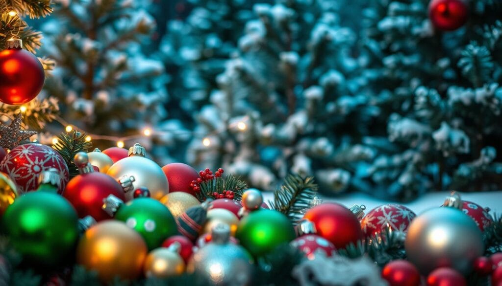 A cozy, festive holiday scene with a vibrant color palette. The foreground showcases an assortment of Christmas ornaments and decorations in hues of red, green, gold, and silver, arranged in a visually striking composition. The middle ground features a twinkling string of fairy lights, casting a warm, inviting glow. In the background, a lush, snow-dusted evergreen forest sets the serene, winter wonderland atmosphere. The lighting is soft and diffused, creating a sense of coziness and holiday cheer. The overall mood is one of harmony, creativity, and the joy of the Christmas season.