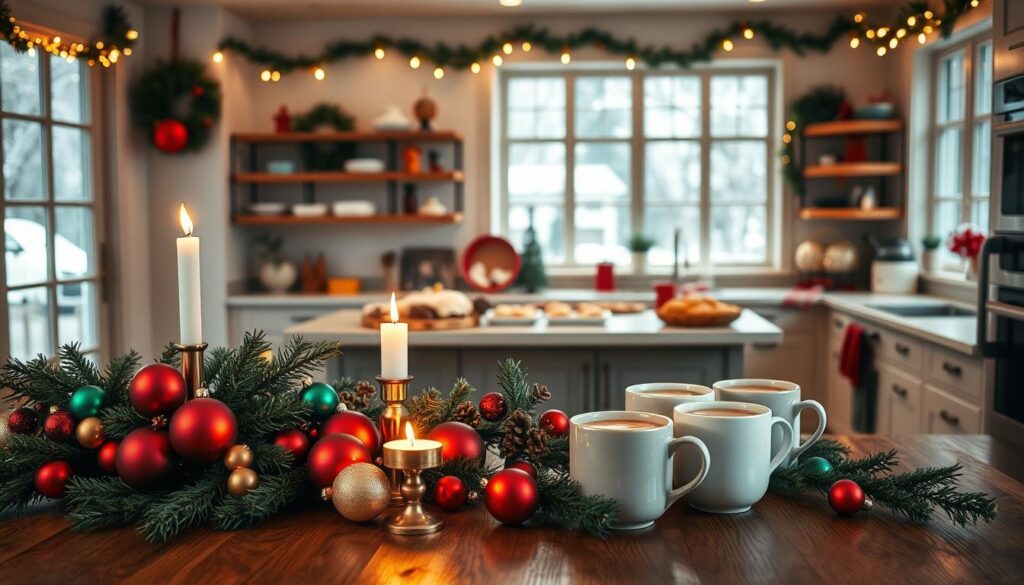 A cozy, festive kitchen interior with a holiday color palette inspiration. In the foreground, a wooden table is set with vibrant red, green, and gold ornaments, candles, and a pine garland. In the middle ground, the kitchen countertops display an array of holiday baked goods and mugs of steaming hot cocoa. The background features warm, inviting lighting, with string lights and a large window overlooking a snowy winter landscape. The overall atmosphere evokes a sense of comfort, cheer, and holiday spirit, perfect for a festive Christmas kitchen.