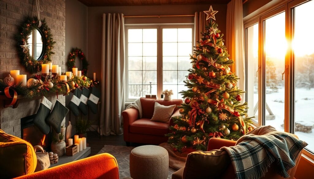 A cozy, festive living room scene bathed in warm, golden lighting. In the foreground, a stylishly decorated Christmas tree stands tall, adorned with sparkling ornaments, twinkling lights, and a unique, handcrafted topper. On the mantel, a collection of candles, pine garlands, and personalized stockings create a inviting ambiance. The middle ground features plush, jewel-toned furniture and a plaid throw draped over a cozy armchair. In the background, a large window offers a glimpse of a snowy winter landscape, adding to the serene, hygge-inspired atmosphere. The overall look is a harmonious blend of traditional and modern elements, creating a one-of-a-kind holiday aesthetic.