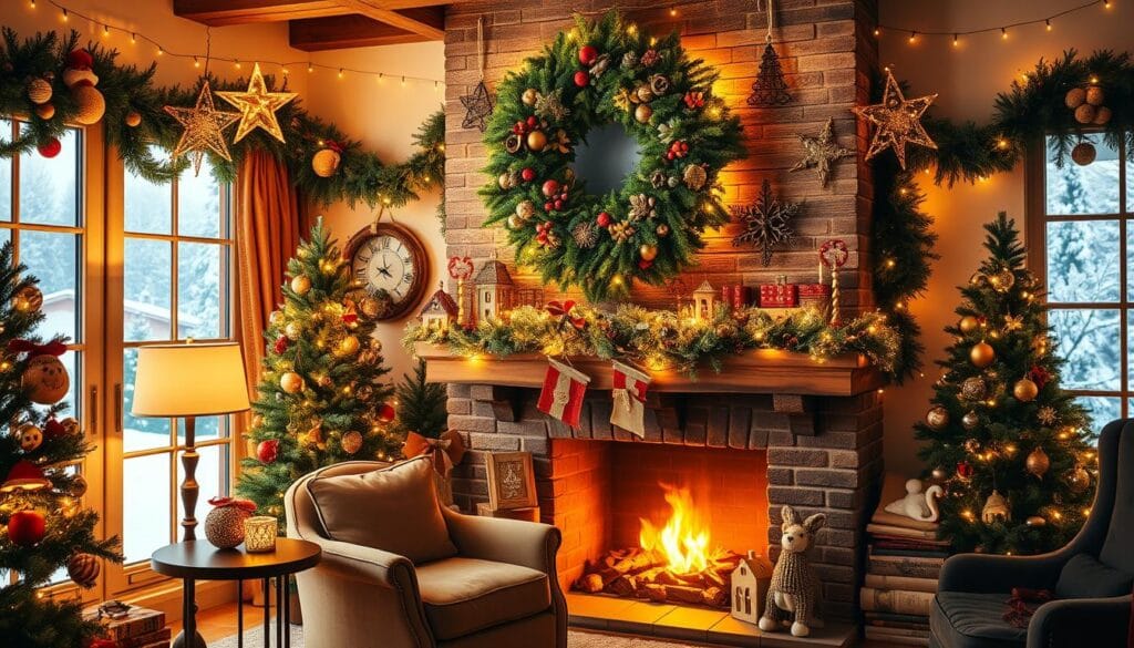 A cozy, festive living room with a statement Christmas wall decor. The focal point is a grand, intricately decorated wreath hanging above a rustic fireplace mantel, surrounded by lush garlands, twinkling string lights, and an array of holiday accents. The space is illuminated by warm, golden lighting, casting a magical glow. In the foreground, a plush velvet armchair and side table create an intimate seating area, while the background features a snow-dusted winter landscape visible through large windows. The overall atmosphere is one of hygge and holiday cheer, inviting the viewer to imagine themselves relaxing in this charming, festive space.