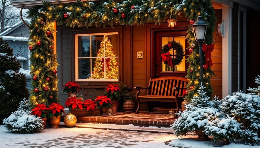 A cozy, festive outdoor scene with lush evergreen garlands adorning the front porch, twinkling string lights illuminating the entryway, and a beautifully decorated Christmas tree visible through the front window. Vibrant red poinsettias and holly berries add pops of color, while a wooden bench invites guests to pause and admire the welcoming display. Soft snow covers the ground, creating a picturesque winter wonderland. The scene is bathed in a warm, golden glow from carefully placed spotlights, capturing the magical ambiance of the holiday season.